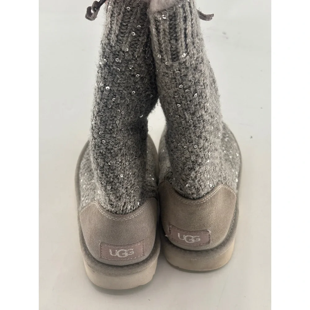 Ugg Boots Kids Girls Size 4 Gray Sequins Sherpa Lined Side Zip